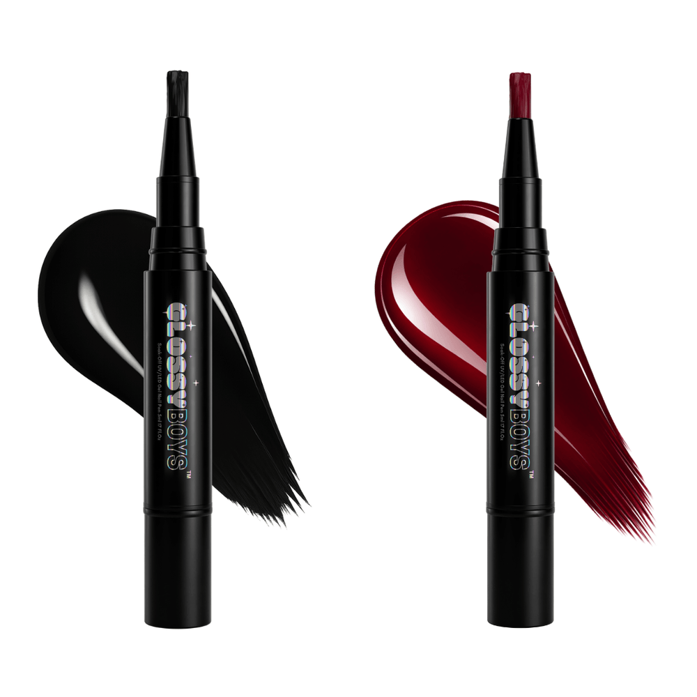 two gel nail polish pens by glossy boys one in black and one in deep blood red 
